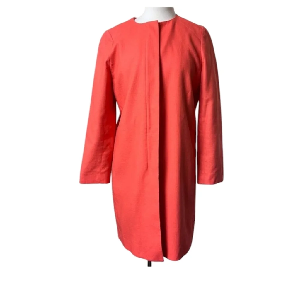 J. Crew Hidden Front Zip Long Collarless Orange Apricot Cotton Coat Jacket Sz 6
